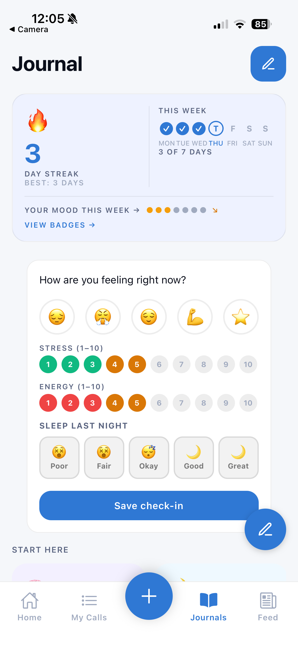 Journal check-in screen showing mood, stress, energy and sleep tracking