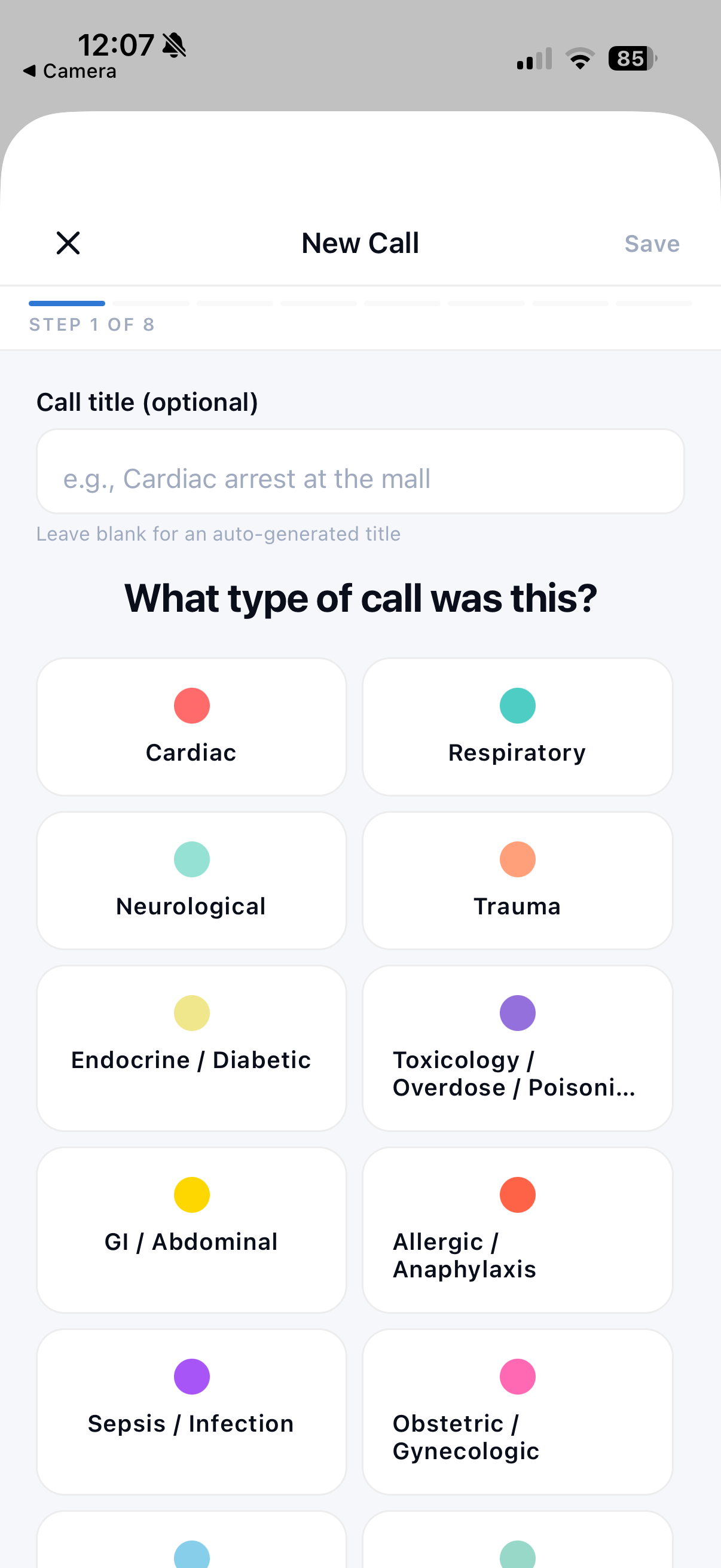 New call type selection screen showing cardiac, respiratory, neurological and more