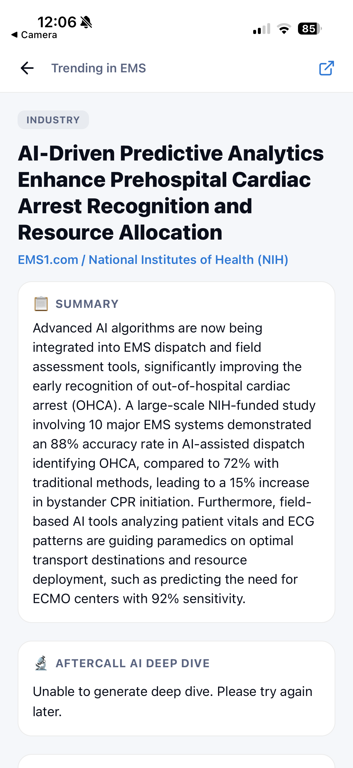 AfterCall Feed showing trending EMS articles